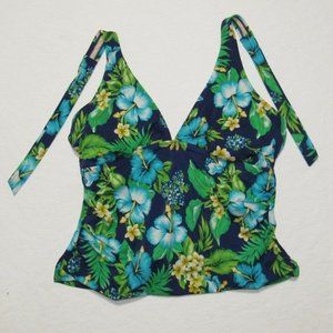 Islander Swim Blue Hawaiian Floral Halter Tankini Top Plus Size 18